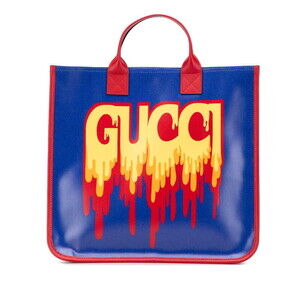 Gucci Logo Tote Bag Blue Red Leather